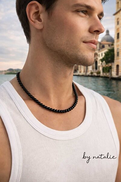 by Natalie 8mm Black Artificial Pearl Steel Silver Color Clip-On Necklace Pea...