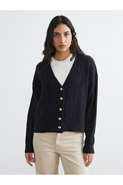 LC Waikiki Navy Blue V-Neck Self-Patterned Women's Knitwear Cardigan