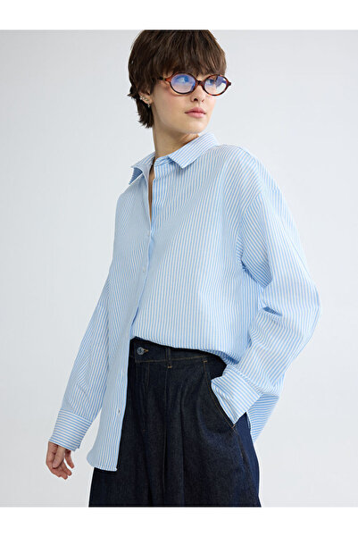 LC Waikiki Γυναικείο πουκάμισο μπλε ριγέ Oversize Poplin