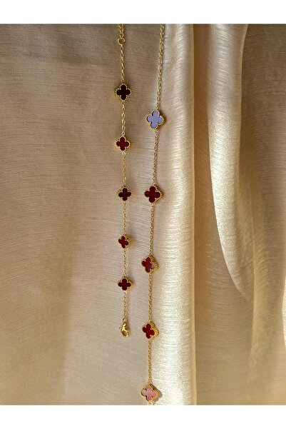 D&Z ACCESSORİES 2'li Yonca Bileklik & Kolye Seti | Küçük Boy Bordo Yonca Takı...