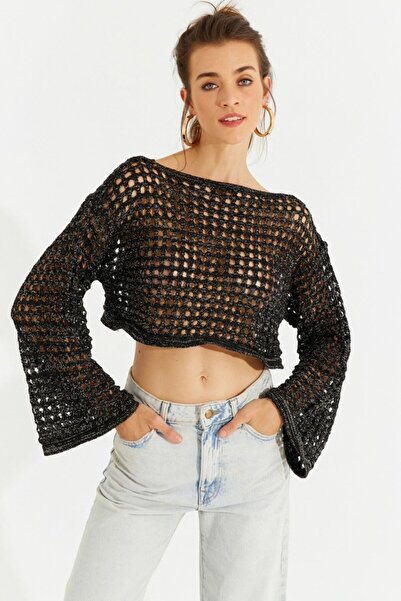 Be Best Women's Black Glitter Lace-Like Knit Knitwear Short Blouse Be322