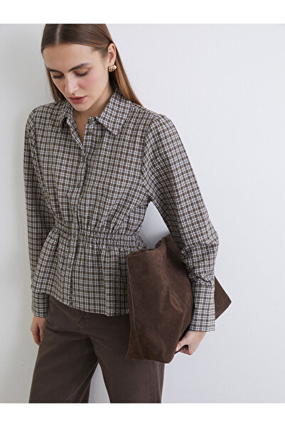 LC Waikiki Yeşil Beli Büzgülü Ekose Kadın Gömlek