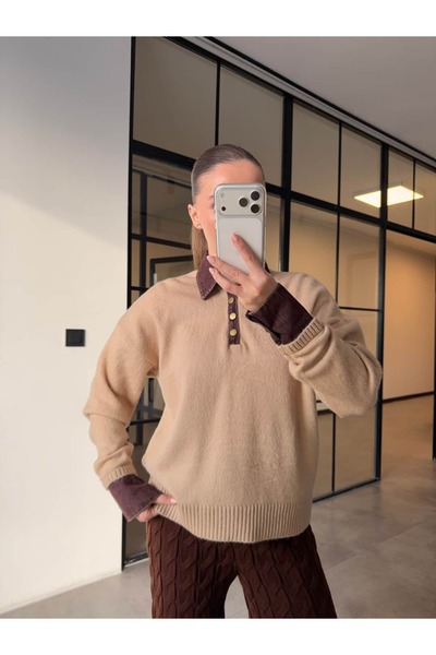 BB Bensu Buyruk Denim Polo Neck Sweater Beige