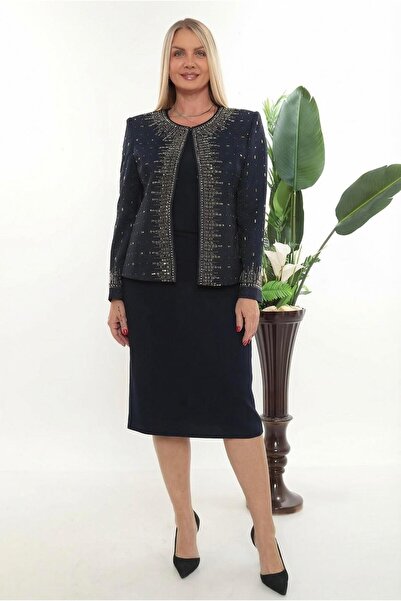 MİSS DİAMOND Jacket with stone embroidered lining closed y Slit navy blue sho...