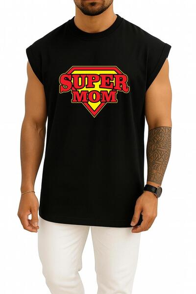 Bahriyeli Collection Oversized Super Mom - Super Mom Breast Printed Tank Top