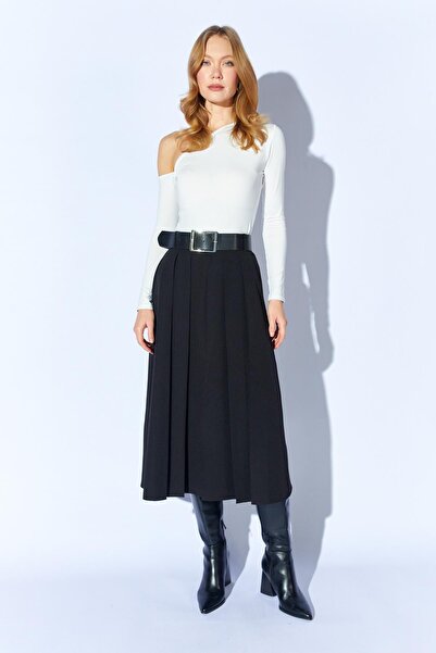 TENA Women's Black Midi Length Skirt with Slit Thick Belts on the Front