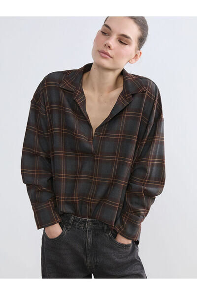 LC Waikiki Gri Ekose Oversize Kadın Gömlek