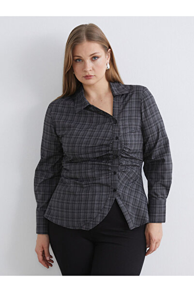 LC Waikiki Siyah Büyük Beden Ekose Büzgülü Kadın Gömlek