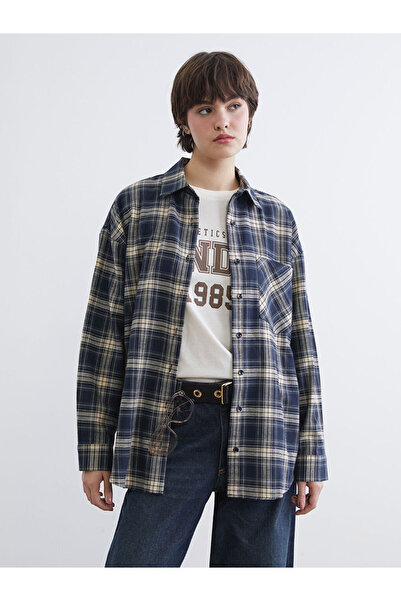 LC Waikiki Navy Blue Plaid Oversized Women's Lumberjack Shirt
