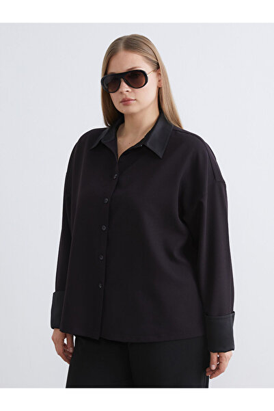 LC Waikiki Μαύρο σατέν γυναικείο πουκάμισο μεγάλου μεγέθους