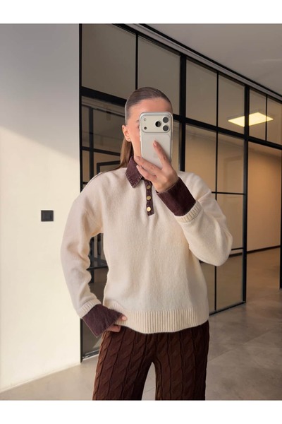 BB Bensu Buyruk Denim Polo Neck Sweater Ecru