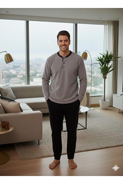 Sude HOMEWEAR Sude Winter Gray Fleece Collar with Buttons and Bottom Pocket