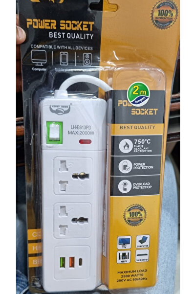 Biki مقبسان للطاقة، طول السلك 2 متر، 2500 واط، منفذان USB، منفذ Type-C واحد، ...