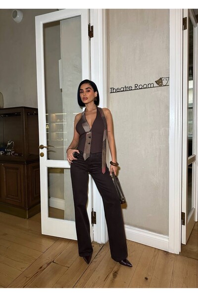 cottonage talie înaltă Denim maro pantaloni palazzo