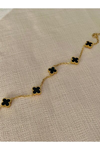 D&Z ACCESSORİES Viral Siyah Yonca Şans Bilekliği | Gold Zincir Çelik Yonca Bi...