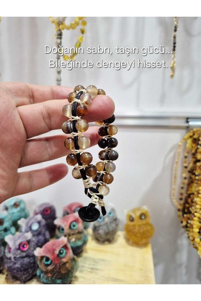 güleçdoğaltaş Brown Agate Natural Stone Braided Bracelet Double Row 19 cm