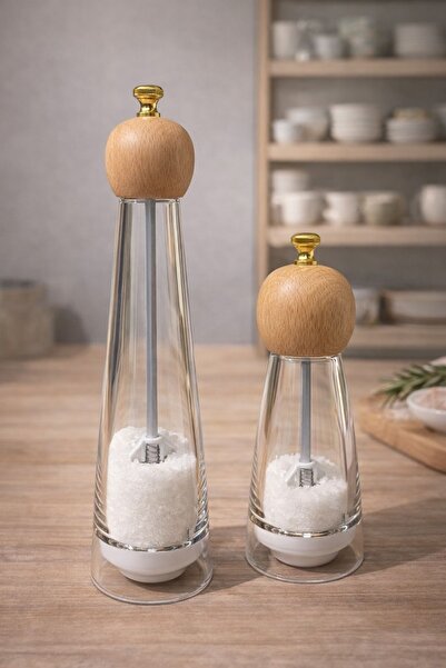 Mutfika 2'li Ahşap Başlıklı Şeffaf Akrilik Tuzluk Karabiberlik Baharat Öğütüc...