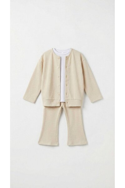 Magu Set pantaloni cardigan din bumbac bej material reiat pentru fetiță – Car...