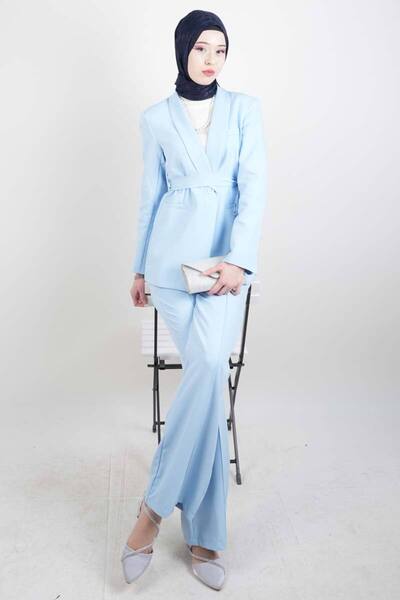 03KIZKULESITEKS طقم ملابس محتشمة بزر واحد وياقة مطوية وسترة مزدوجة باللون الأزرق