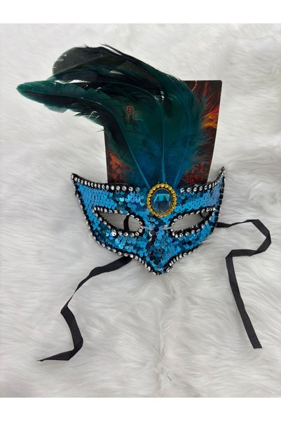 PARTİPORT Blue Mask with Sequins and Feathers
