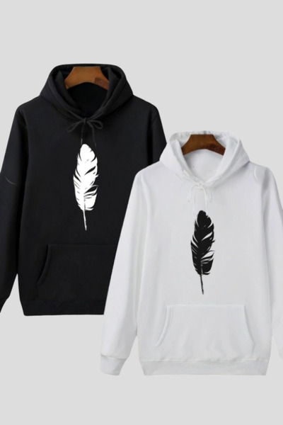 ALCİNOUS Dear Couple Combination Feather Printed Hooded Sweatshirt Set of 2