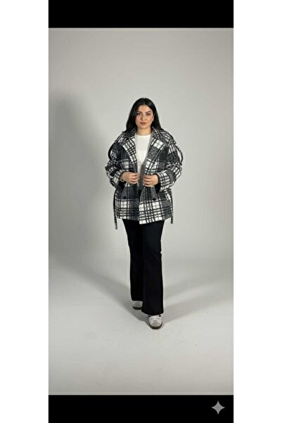 Roosbutik Siyah Beyaz Ekose Desenli Kuşaklı Buklet Kaban Ceket