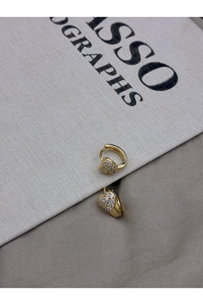 Hedef Bijuteri Gold Color Zircon Stone Heart Detailed Hoop Earrings Cm64