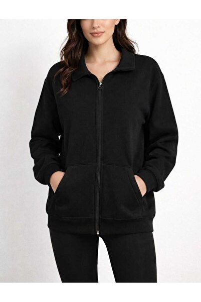 ahsetekstil Black Cardigan Fleece-Lined
