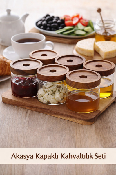 welcomein 13 Parça Akasya Standlı Akasya Kapaklı 6'lı Cam Kahvaltılık Seti Ka...
