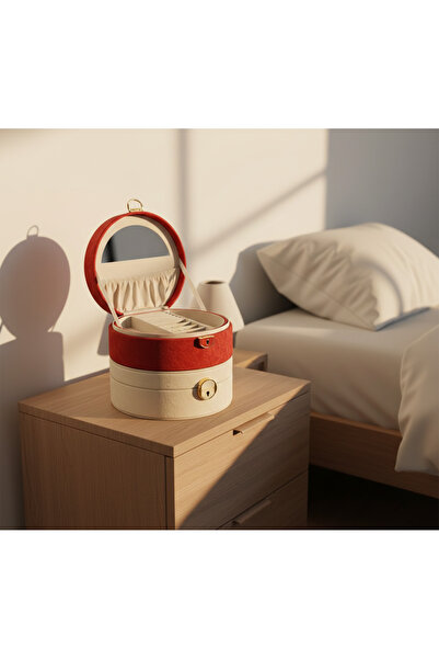 Kuzey Tacı Round Leather Covered, 3-Layer Jewelry and Jewellery Box with Lock...