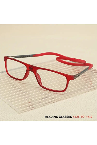 NEALDİN نظارات القراءة المغناطيسية مقاس 2.5 - إطار أحمر، مقبض أسود، حزام للرقبة