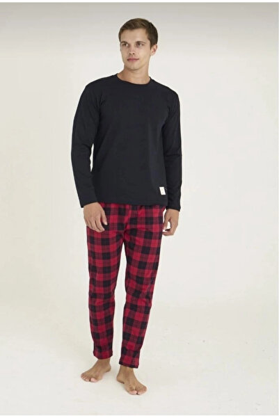 KLY Men's Long Sleeve Plain Pajama Set with Plaid Bottoms