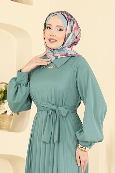 ModaMerve Pilise Detay Kuşaklı Elbise 5733EDF311-MS Mint