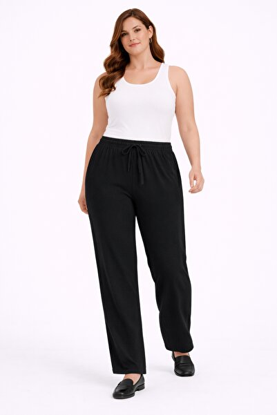 Şans Women's Plus Size Black, Elastic Waist and Lace-Up, Wide Leg Wrinkle Fab...