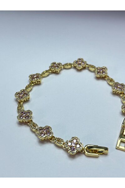 Heyzıl Accessoire Altın Kaplama Pembe Taşlı Dört Yapraklı Yonca Bileklik