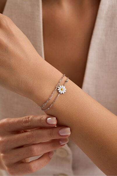 Nereze 925 Ayar Gümüş Rodyum Kaplama Çift Zincirli Papatya Model Bileklik