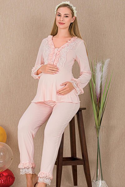 REN Set de pijamale pentru femei gravide, cu mâneci scurte, 2 piese, cu detal...