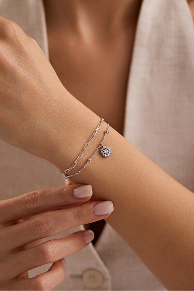 Nereze 925 Ayar Gümüş Rodyum Kaplama Çift Zincirli Güneş Model Bileklik