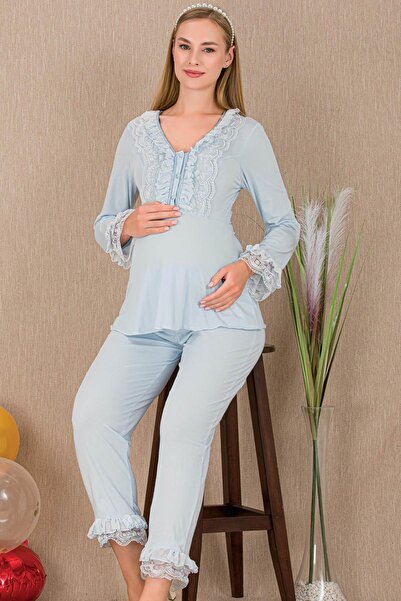 REN Set de pijamale pentru femei gravide, cu mâneci scurte, 2 piese, cu detal...