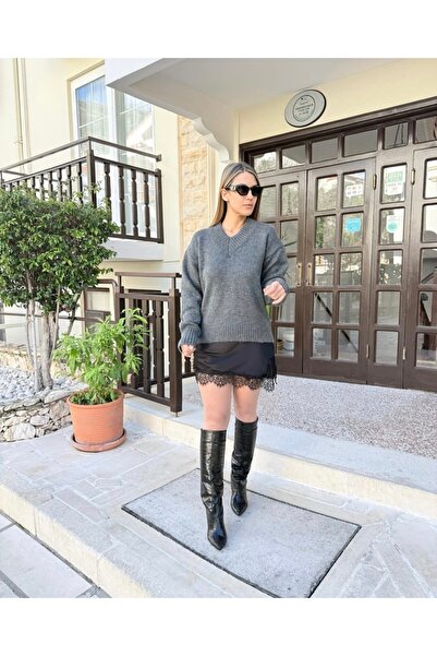 Tuba Gri Renk Yün Kazaklı Saten Elbise