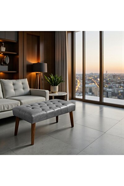 fursimo CHELSEA SERİSİ DERİ CHESTER AHŞAP AYAKLI BENCH PUF – 90×45 cm