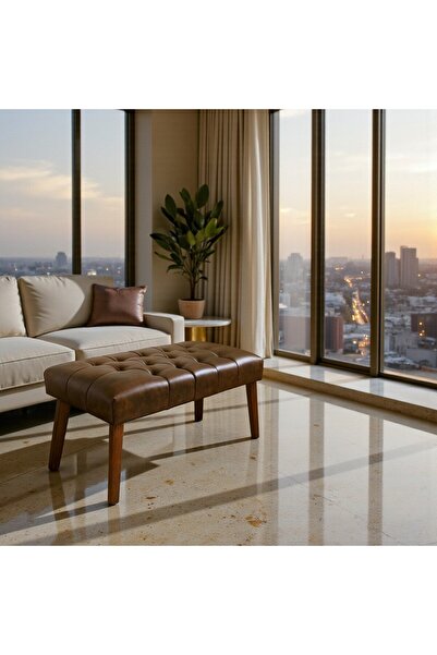 fursimo CHELSEA SERİSİ DERİ CHESTER AHŞAP AYAKLI BENCH PUF – 90×45 cm