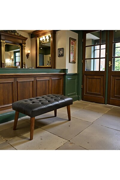 fursimo CHELSEA SERİSİ DERİ CHESTER AHŞAP AYAKLI BENCH PUF – 90×45 cm