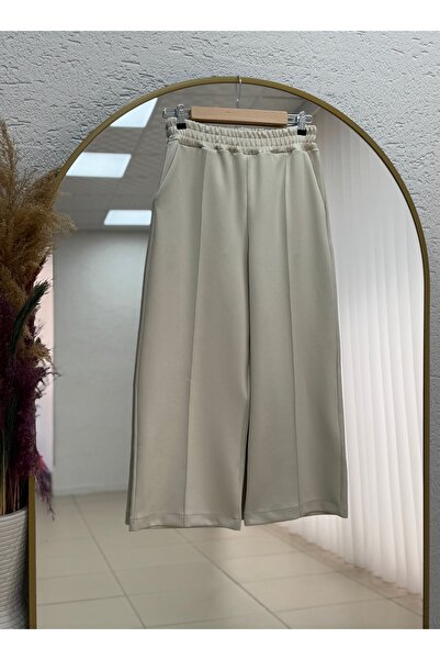 MİHRA STORE Zayna Wide Leg Striped Scuba Diving Pants-Mt3555 Stone