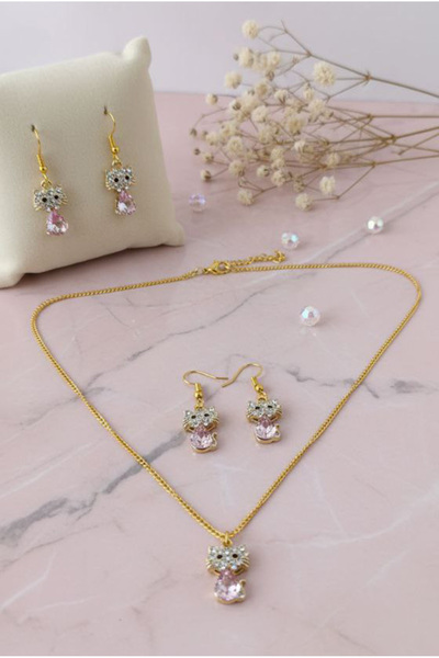 Shiklik طقم مجوهرات على شكل قطة مرصع بالأحجار مع سلسلة طويلة - طقم قلادة وأقر...