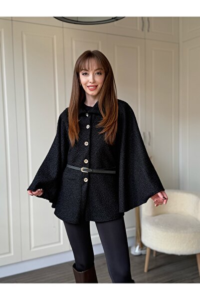 Dilay Gökoğlu Butik Kemeri Dahil Sıcak Tutan Şık Buklet Panço