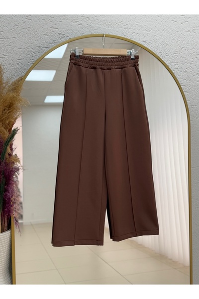 MİHRA STORE Zayna Wide Leg Striped Scuba Diving Pants-Mt3555 Brown