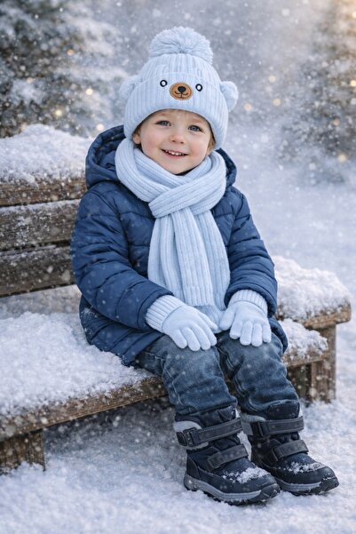 Tk Spor 6-12 Years Old Children's Cotton Scarf, Beanie, Gloves Set, Set of 3