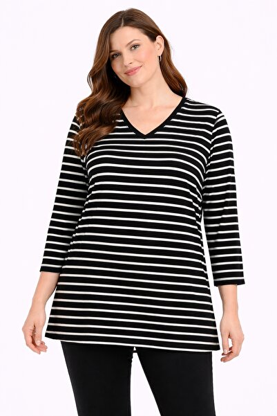 Şans Women's Plus Size Black, Three Quarter Sleeve, V-Neck Striped Blouse 65N...