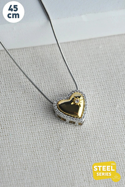 MinAccessory Zircon Framed Gold Heart Star Detail Women's Steel Necklace